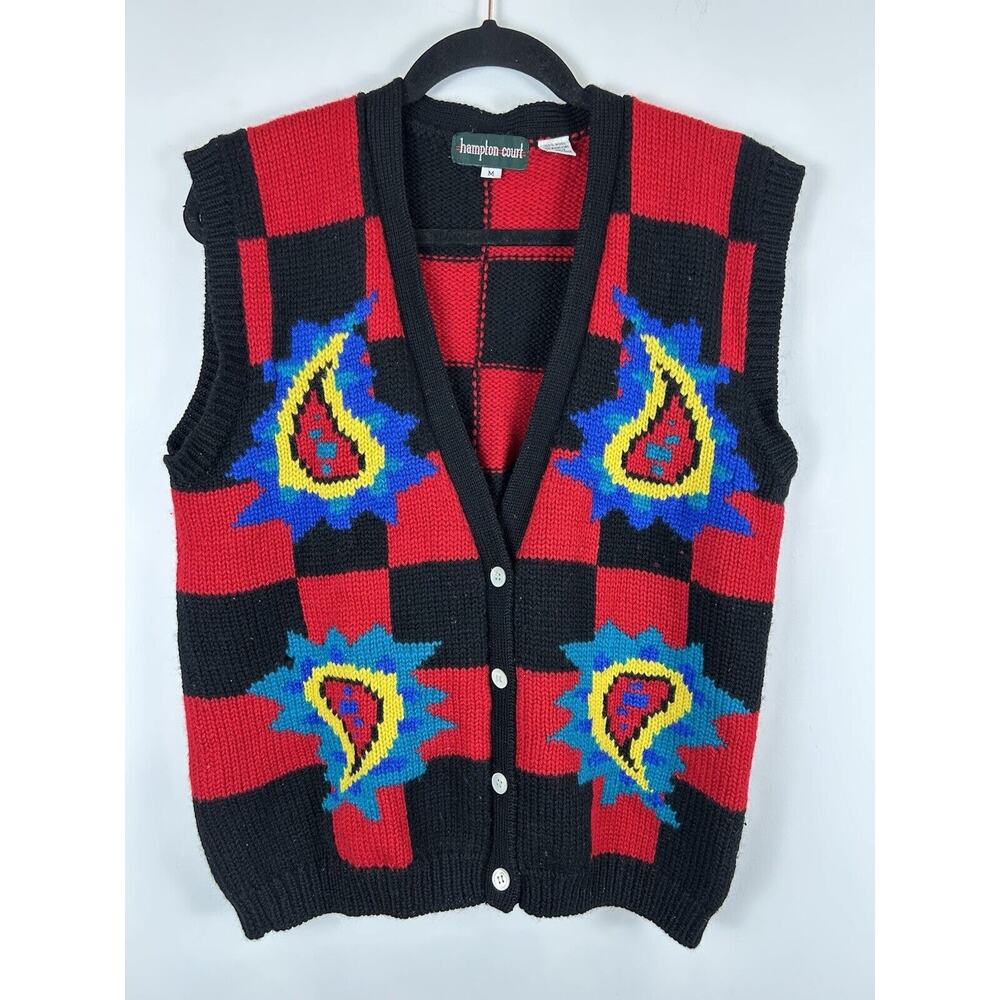 Vintage Wool Sweater Vest 3D Knit Paisley Checker Patchwork‎ Size Medium Men's